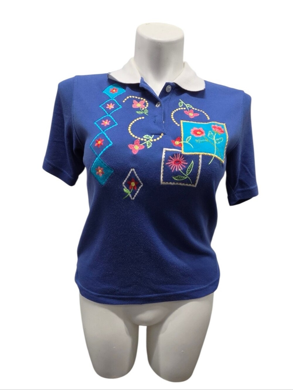 Vintage Tan Jay Petite Size Small Blue Embroidered Polo Top with Floral Motifs